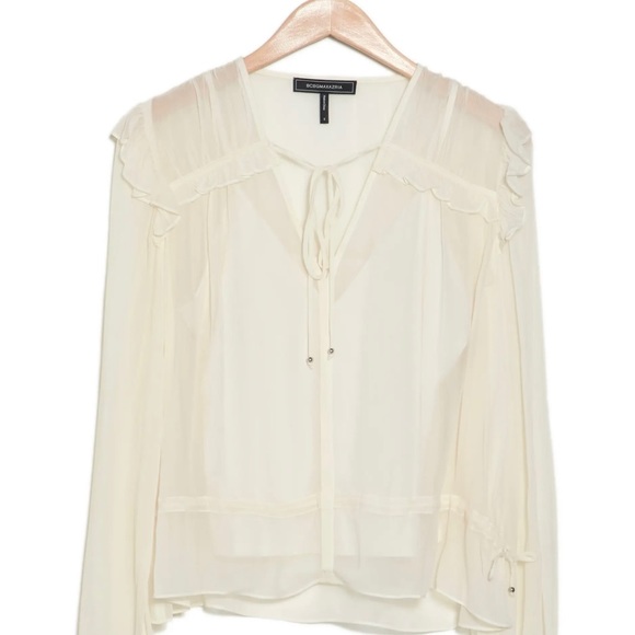 BCBGMAXAZRIA Ruffle Long Sleeve Chiffon Top Blouse Off White/GARDENIA MRSP $198 - Picture 3 of 15